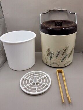 Vintage Plastic Ice Bucket Wheat Pattern Metal Swing Handle Insert Tongs Set